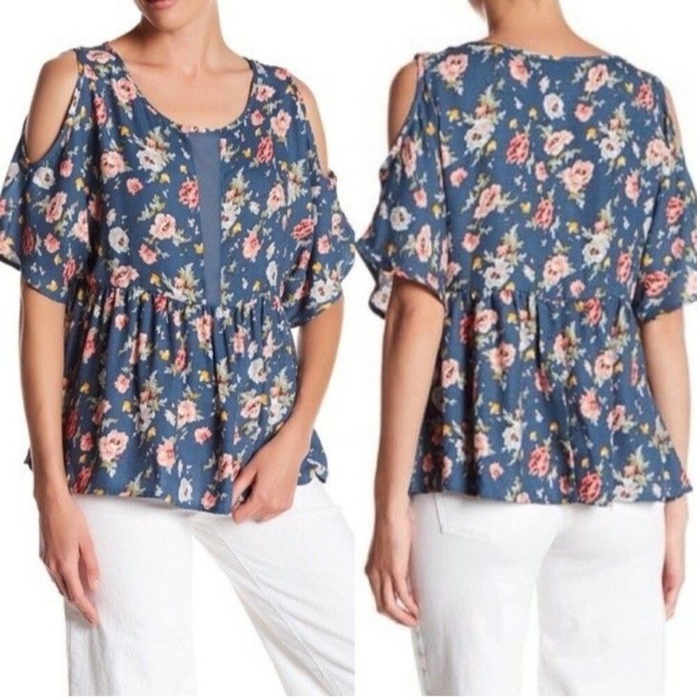 Bobeau Peplum Cold Shoulder Blouse Top Womens Size XL Blue Floral Short Sleeve